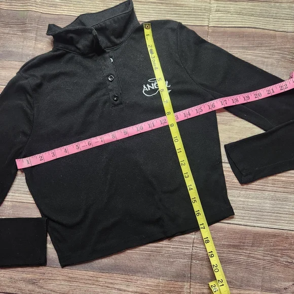 Faded Rose Angel Y2K Black Long Sleeve Crop Polo Shirt - Picture 5 of 9
